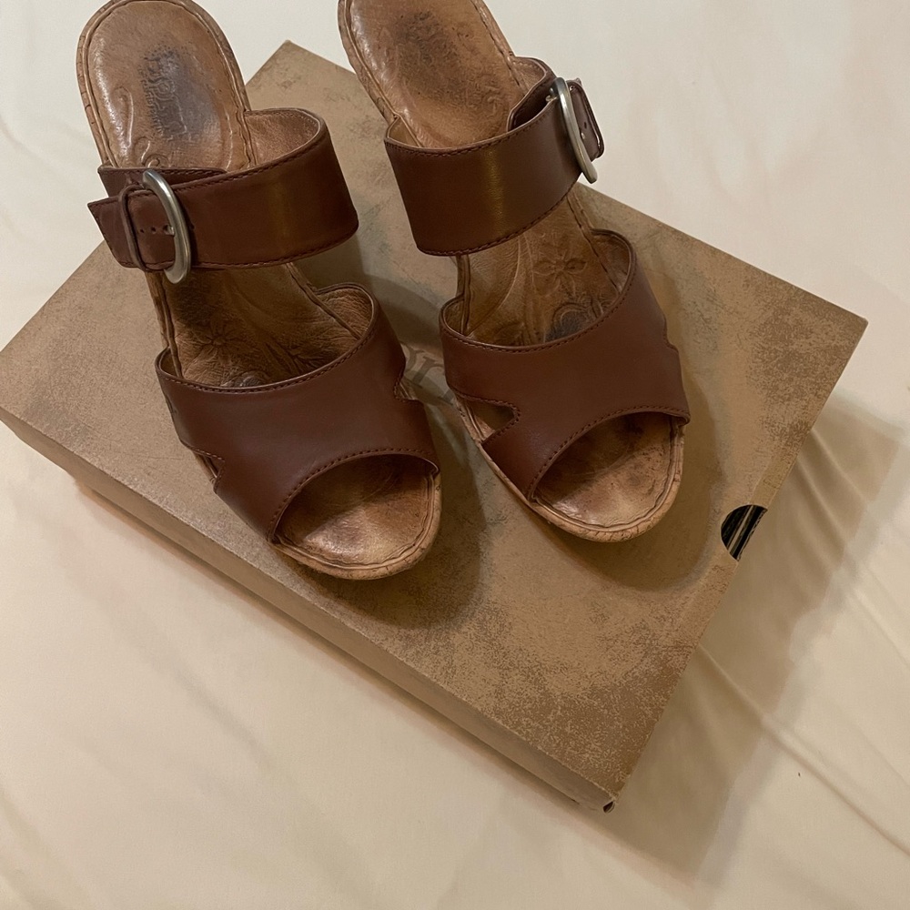 Born Brown Leather Mules with Chunky Heel